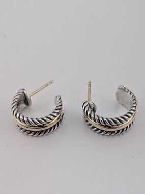 David Yurman 14k Gold and Sterling Silver Thoroughbred Cable Hoop Earrings